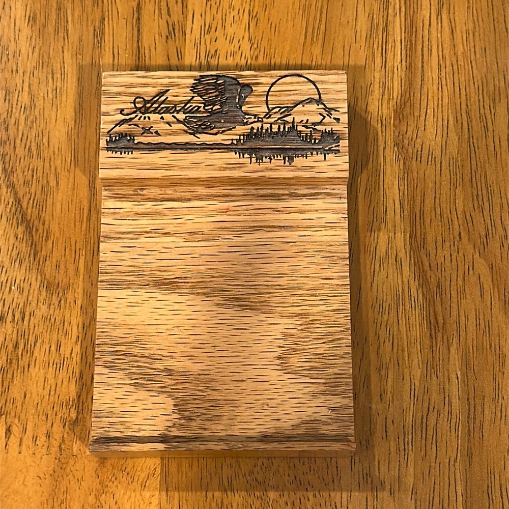 Alaska post it note holder. Solid oak. Engraved with bald eagle Mtn/water scene